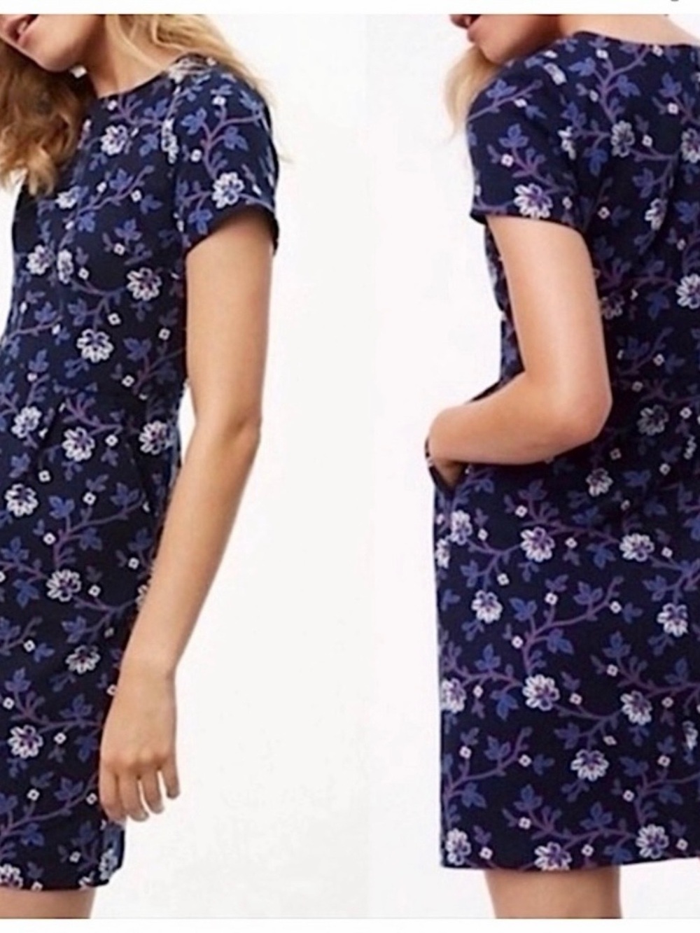 LOFT Navy Floral Sheath Dress with Pink & White Accents Size 6